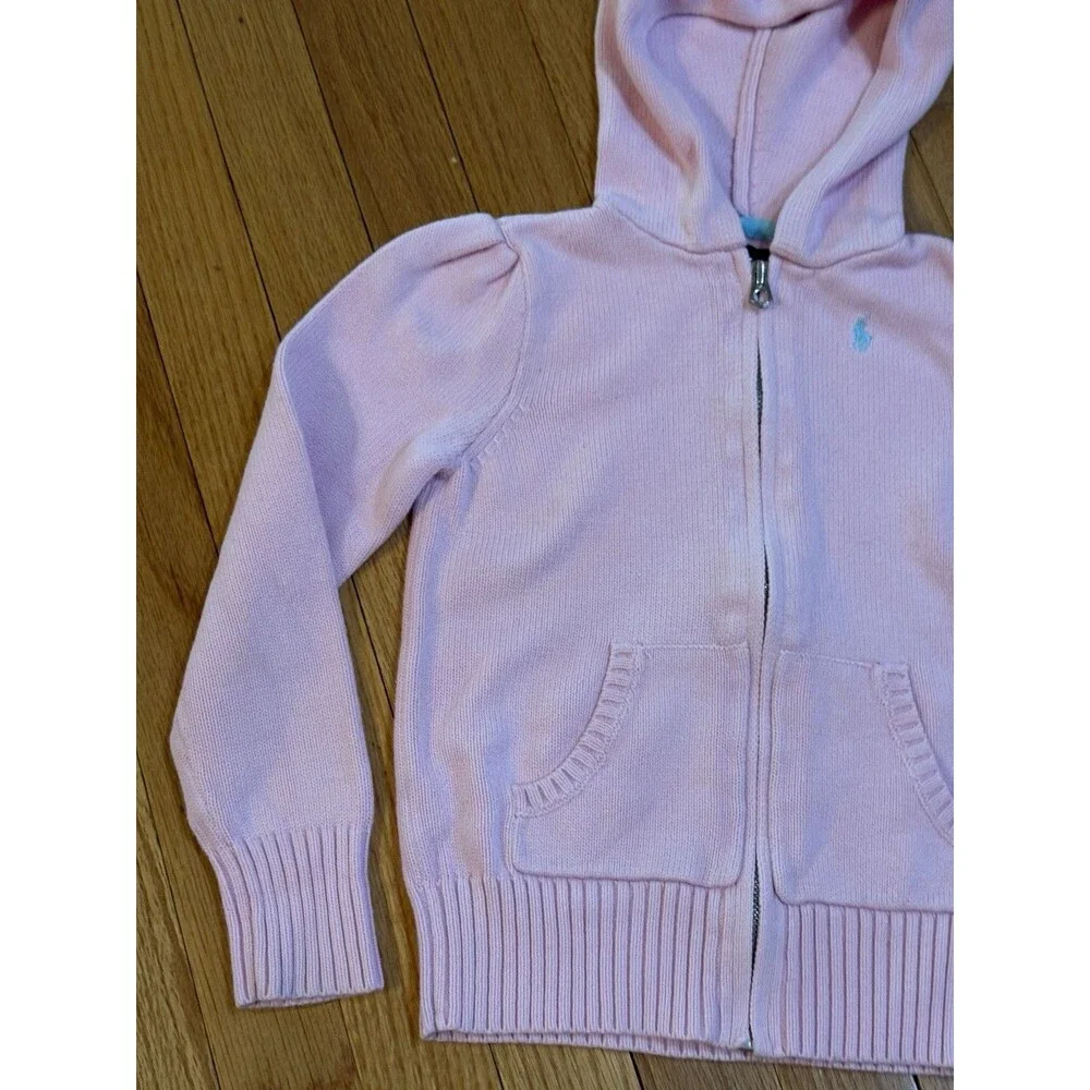 Ralph Lauren Girls Zip Up Knit Cardigan Sweater Size 6x Light Pink Hooded EUC